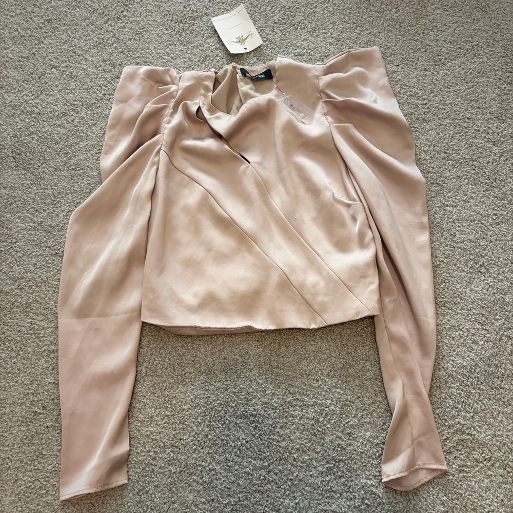 DO+BE Satin Puff Sleeve Top Womens S Beige Cutout Drapey Formal Business Party